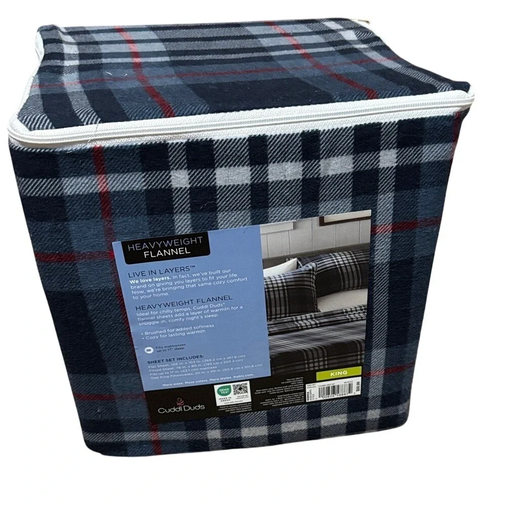 Cuddl Duds Blue and Red Plaid Flannel King Sheet Set Winter Fall GIFT NWT